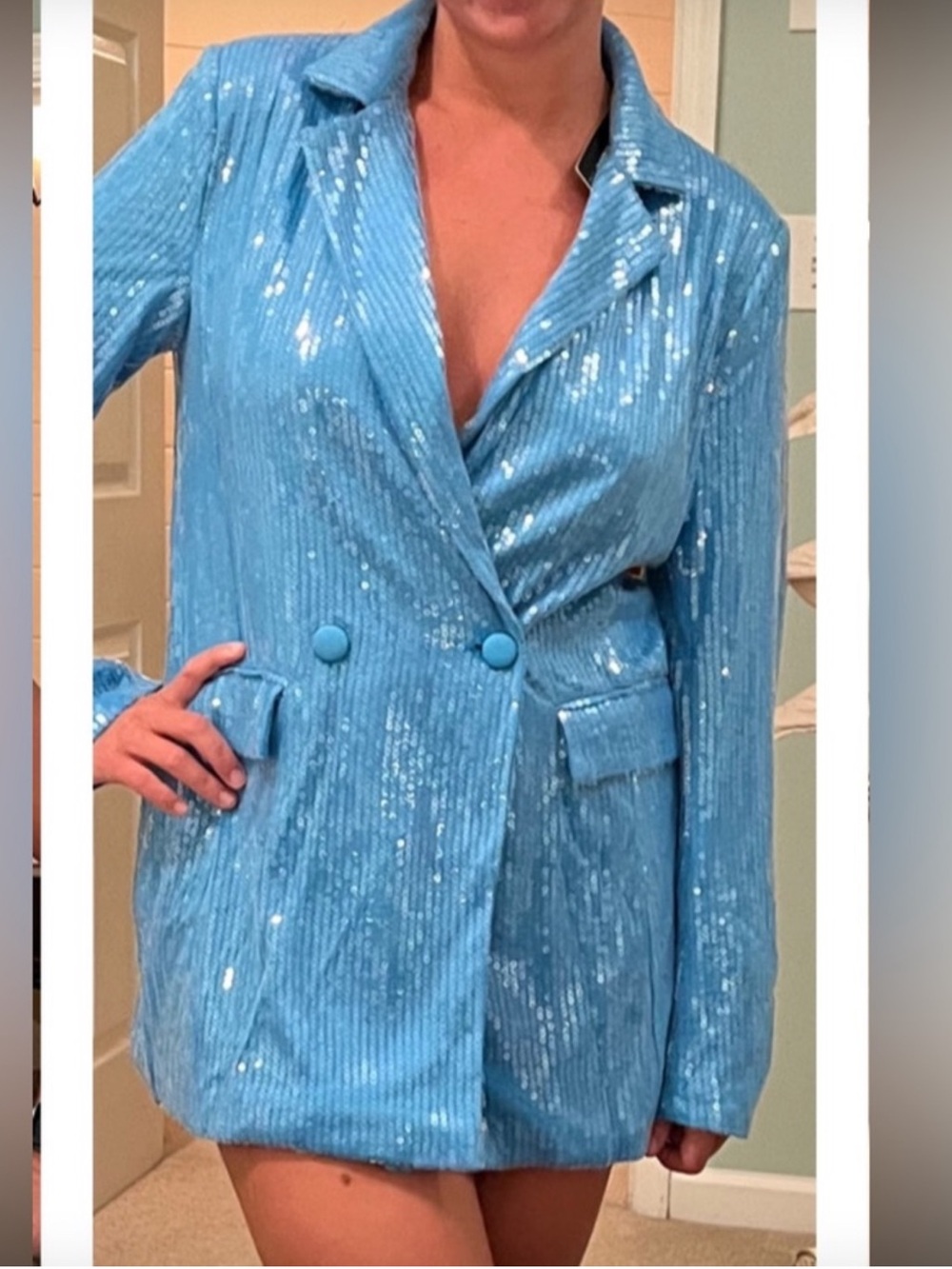 Fashionova Light Blue Sequin Double-Breasted Blazer